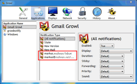 Снимок интерфейса программы Gmail Growl