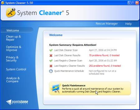 Рабочее окно System Cleaner