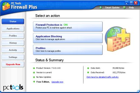 Скриншот главного окна PC Tools Firewall Plus