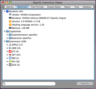 Интерфейс OpenGL Extension Viewer на Mac OS X