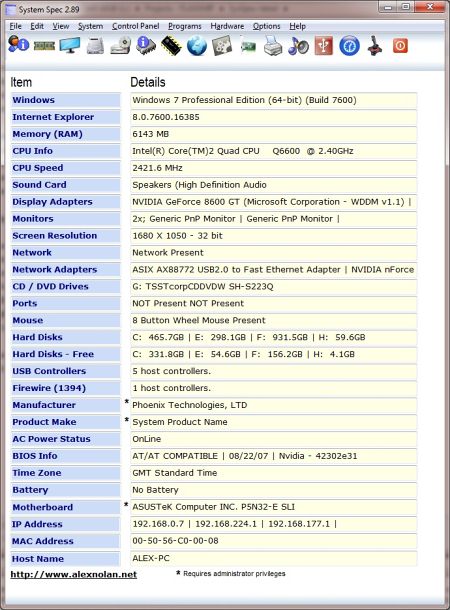 Главное окно System Spec