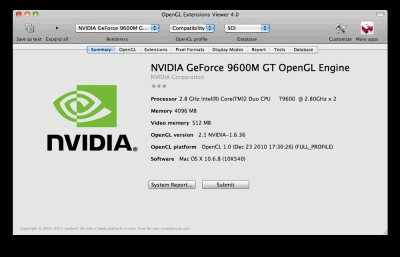 Интерфейс OpenGL Extension Viewer на Mac OS X