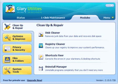 Интерфейс главного окна Glary Utilities