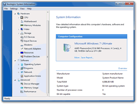 Скриншот главного окна Auslogics System Information