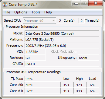 CoreTemp v.1.0 RC1 – небольшая бесплатная утилита для мониторинга температур процессоров Intel и AMD