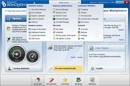 Главное окно Ashampoo WinOptimizer