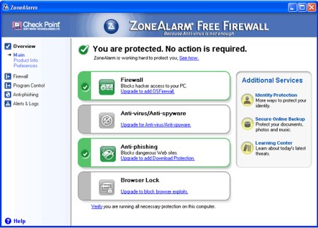 Центр управления ZoneAlarm Free