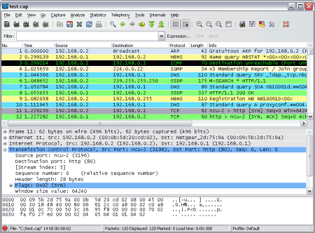 Скриншот интерфейса главного окна Wireshark