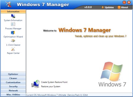 Пользовательский интерфейс программы Windows 7 Manager