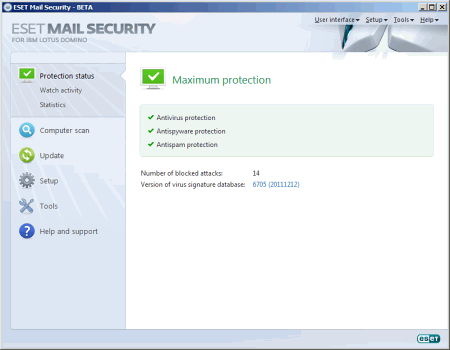 Интерфейс ESET NOD32 Mail Security для Lotus Domino