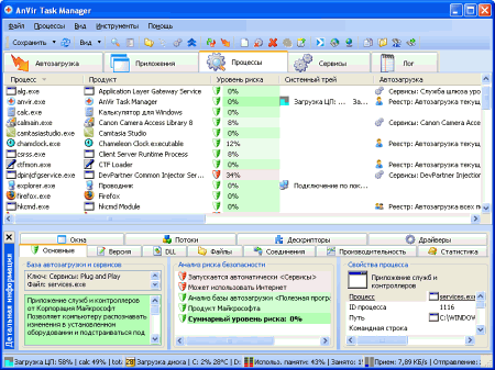 Интерфейс AnVir Task Manager Free