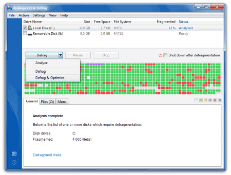 Рабочее окно Auslogics Disk Defrag