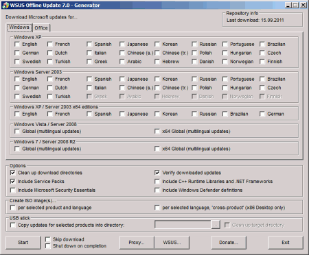 Окно одного из компонентов WSUS Offline Update