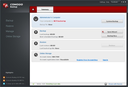 Интерфейс Comodo BackUp