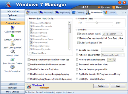 Пользовательский интерфейс программы Windows 7 Manager