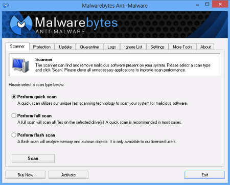 Окно программы Malwarebytes Anti-Malware PRO