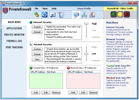 Интерфейс программы Priveatefirewall