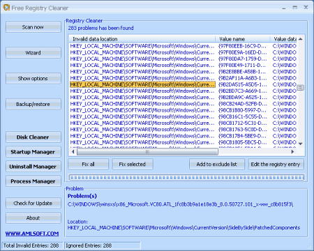 Интерфейс программы AML Free Registry Cleaner