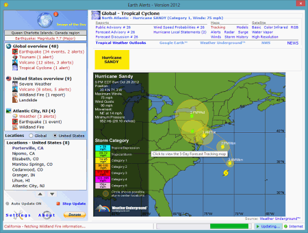 Earth Alerts 2013.1.32 - бесплатная программа для просмотра информации о ЧС в режиме реального времени