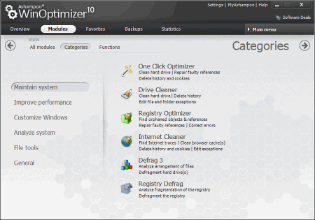 Главное окно Ashampoo WinOptimizer