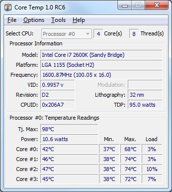 CoreTemp v.1.0 RC6 – небольшая бесплатная утилита для мониторинга температур процессоров Intel и AMD