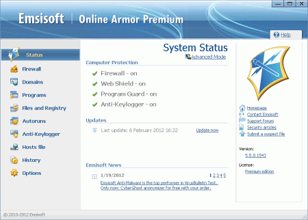 Рабочее окно программы Online Armor Free 6.0