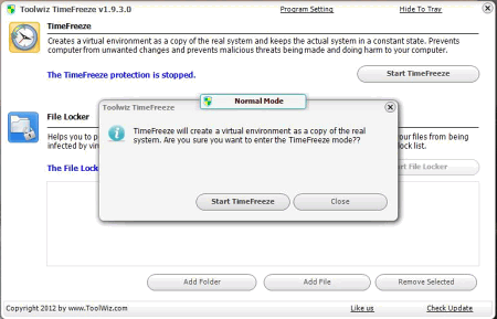 ToolWiz Time Freeze v.2.2 - бесплатная программа, создающая виртуальную среду для безопасной работы в ОС Windows