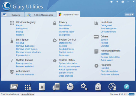 Интерфейс главного окна Glary Utilities