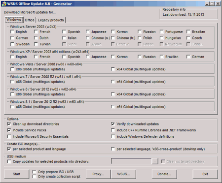 Окно одного из компонентов WSUS Offline Update