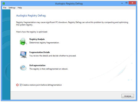 Скриншот главного окна Auslogics Registry Defrag