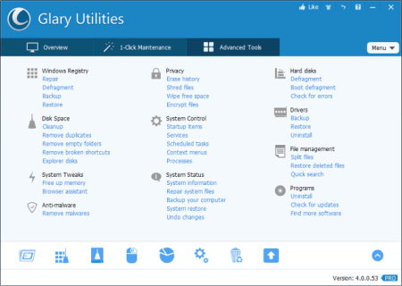 Интерфейс главного окна Glary Utilities