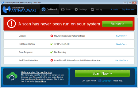 Окно программы Malwarebytes Anti-Malware