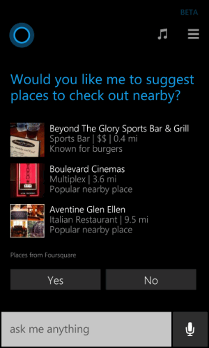 Cortana und Foursquare