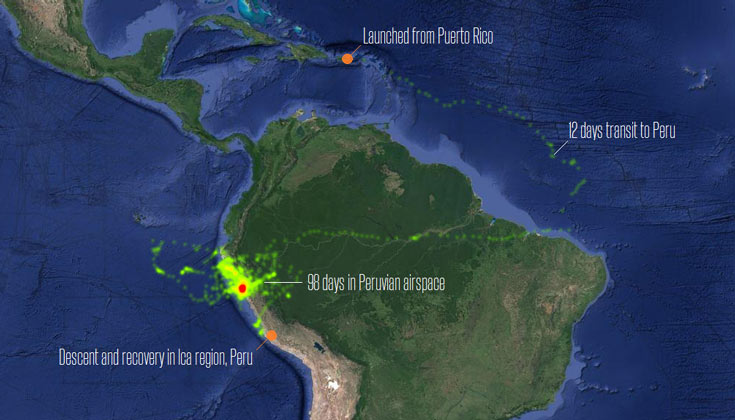 Экспериментальный шар продержался в районе перуанского побережья 98 дней
