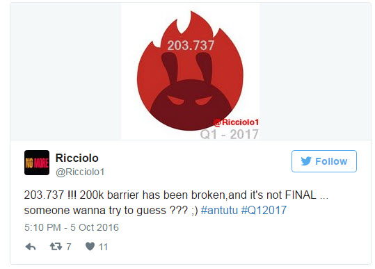 Неизвестный смартфон, который выйдет в первом квартале 2017, набрал 203 737 баллов в AnTuTu