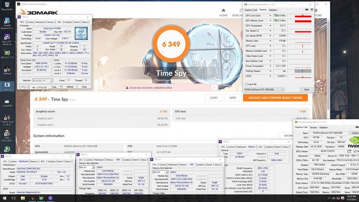 Графический процессор видеокарты Galax GeForce GTX 1060 HOF удалось разогнать до частоты 2885 МГц