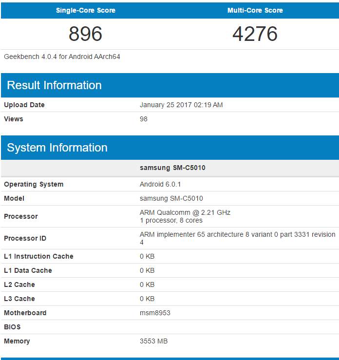 Samsung Galaxy C5 Pro показался на Geekbench