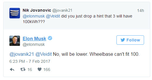 Емкость аккумуляторной батареи электромобиля Tesla Model 3 не достигнет 100 кВт•ч