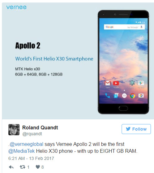 Смартфон Vernee Apollo 2 получит 8 ГБ ОЗУ и 128 ГБ флэш-памяти