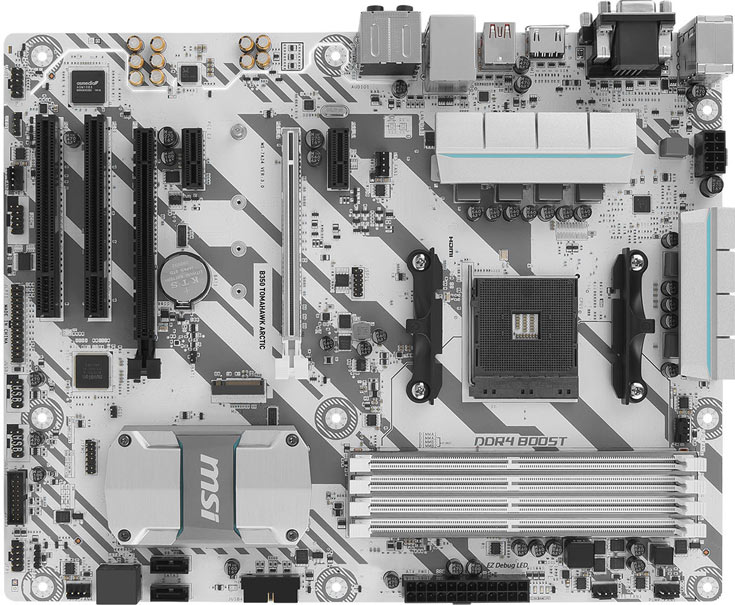 В оформлении системных плат MSI B350 Tomahawk Arctic и B350M Mortar Arctic преобладает белый цвет