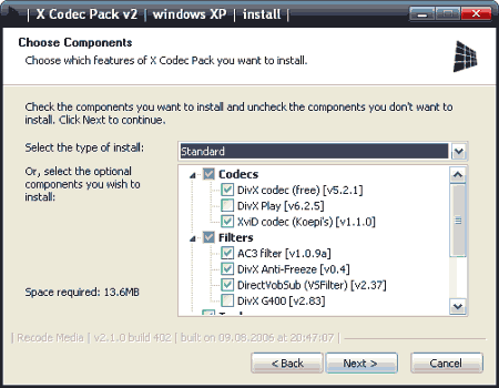 Кодеки: X Codec Pack v.2.1.3 Build 413