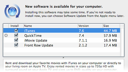 Apple выпустила обновления iTunes, QuickTime, iMovie и Front Row