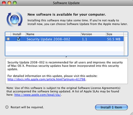 Apple выпустила Security Update 2008-002 v1.1